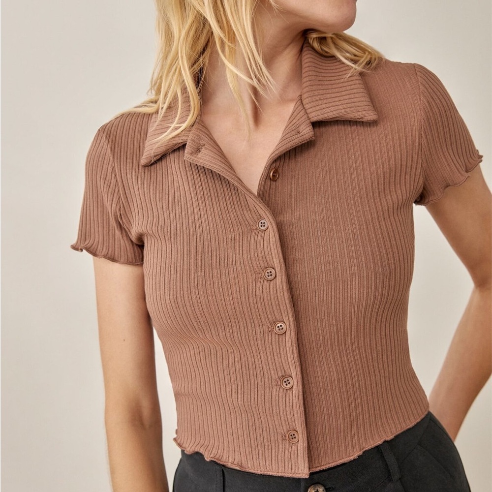 Reformation brown cropped button up top